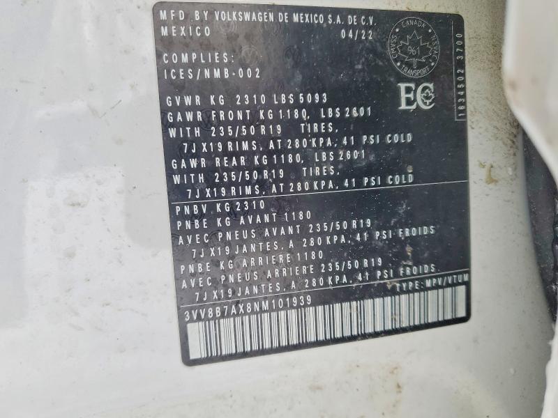 Aukcja sprzedaży 2022 Volkswagen Tiguan, vin: 3VV8B7AX8NM101939, numer aukcji: 75841835
