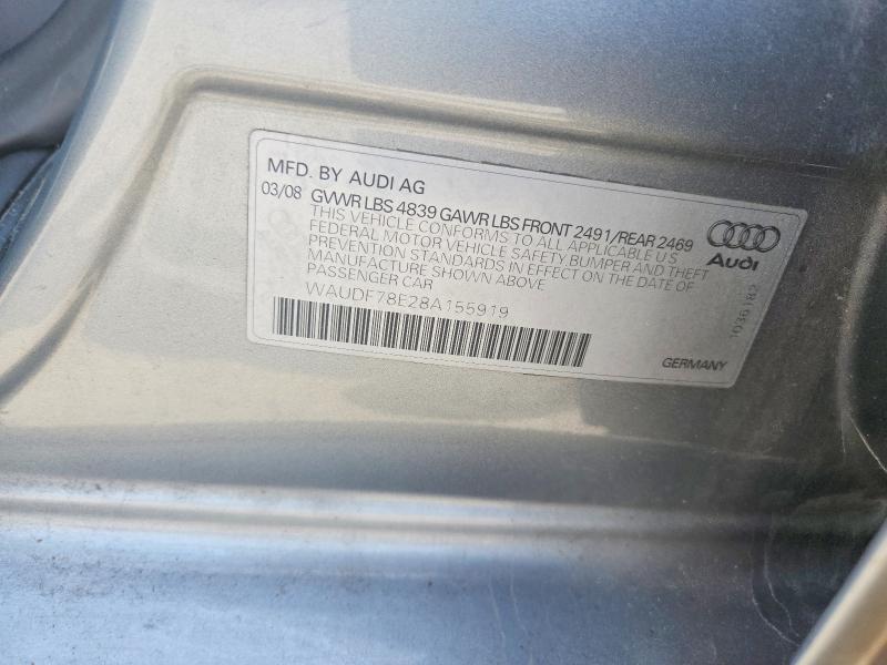 2008 Audi A4 მანქანა იყიდება აუქციონზე, vin: WAUDF78E28A155919, აუქციონის ნომერი: 76986235