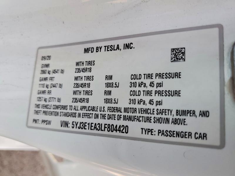 Продаж на аукціоні авто 2020 Tesla Model 3, vin: 5YJ3E1EA3LF804420, номер лоту: 79031575