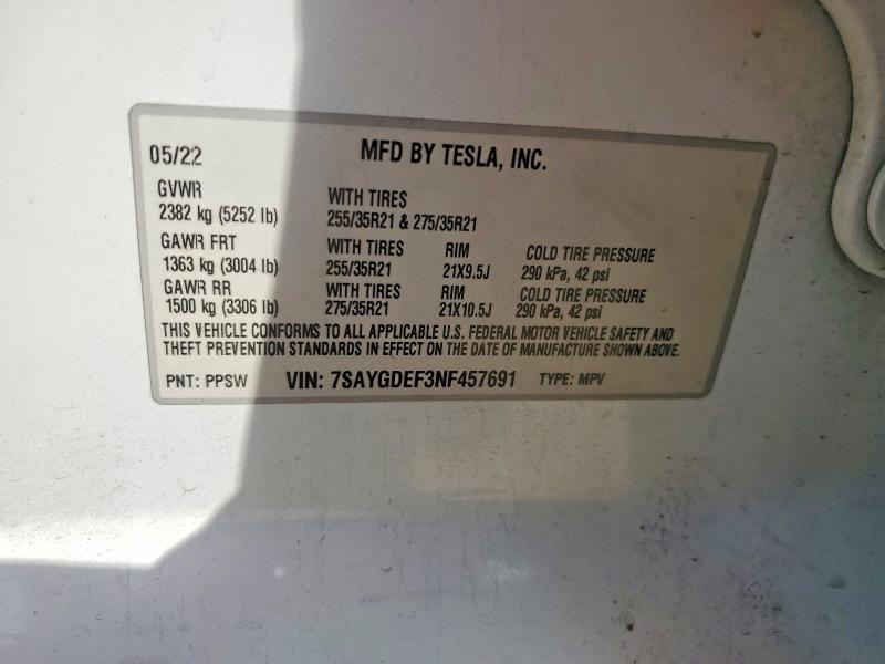 77019735 :رقم المزاد ، 7SAYGDEF3NF457691 vin ، 2022 Tesla Model Y مزاد بيع