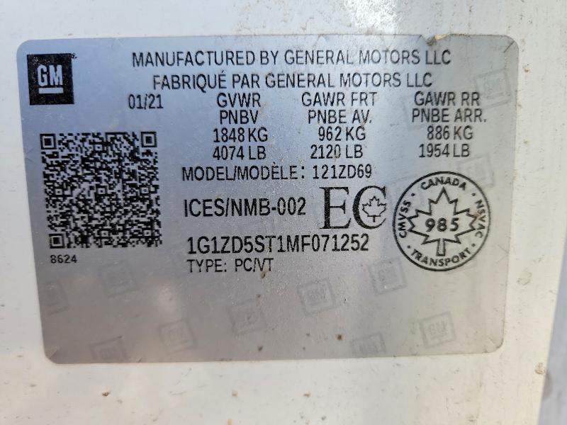 2021 Chevrolet Malibu მანქანა იყიდება აუქციონზე, vin: 1G1ZD5ST1MF071252, აუქციონის ნომერი: 74439705