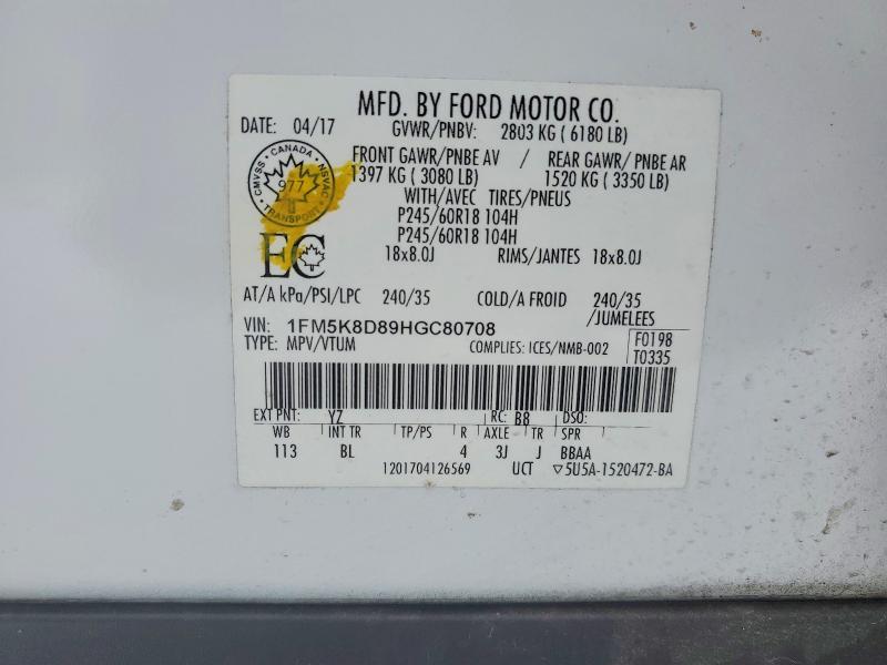 Aukcja sprzedaży 2017 Ford Explorer, vin: 1FM5K8D89HGC80708, numer aukcji: 73914645