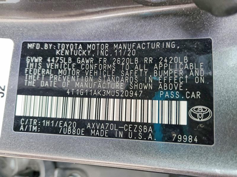 77597755 :رقم المزاد ، 4T1G11AK3MU520947 vin ، 2021 Toyota Camry مزاد بيع