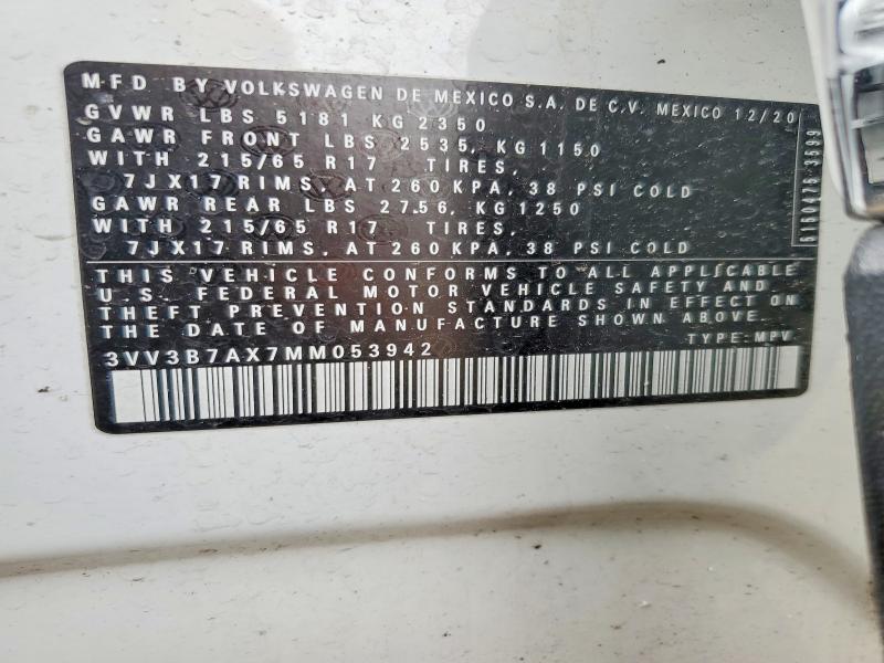 2021 Volkswagen Tiguan მანქანა იყიდება აუქციონზე, vin: 3VV3B7AX7MM053942, აუქციონის ნომერი: 53660176