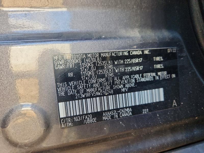 Продажа на аукционе авто 2022 Toyota Rav4, vin: 2T3W1RFV5NW216248, номер лота: 76134815