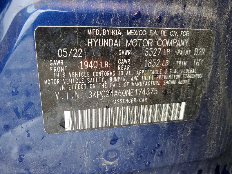 Aukcja sprzedaży 2022 Hyundai Accent, vin: 3KPC24A60NE174375, numer aukcji: 77736045
