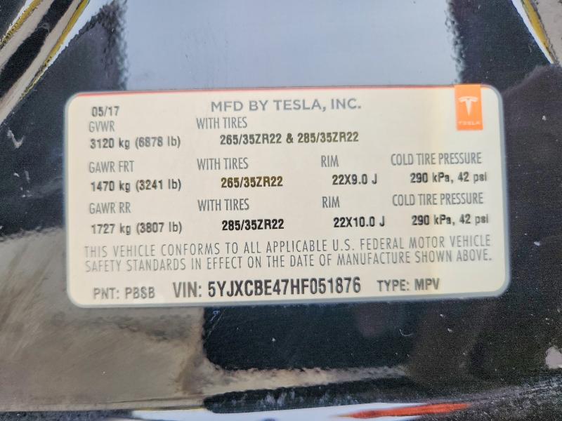 75968185 :رقم المزاد ، 5YJXCBE47HF051876 vin ، 2017 Tesla Model X مزاد بيع