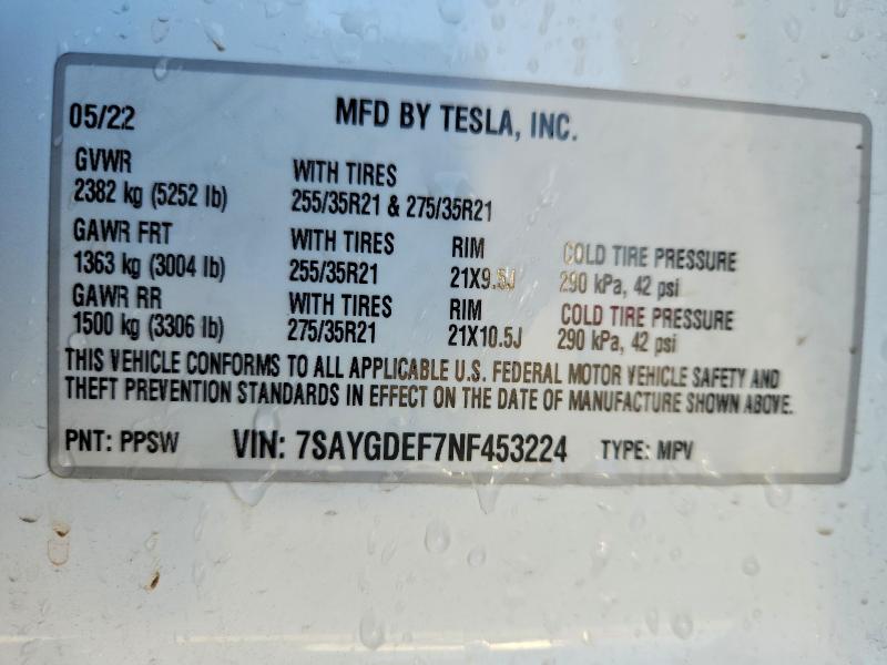 76845375 :رقم المزاد ، 7SAYGDEF7NF453224 vin ، 2022 Tesla Model Y مزاد بيع