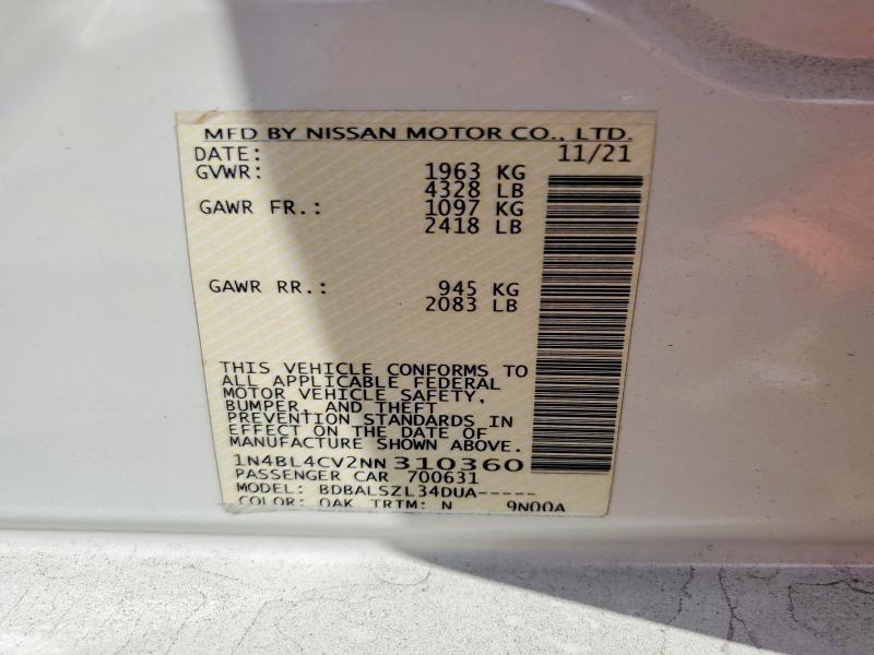 Продажа на аукционе авто 2022 Nissan Altima, vin: 1N4BL4CV2NN310360, номер лота: 75927075