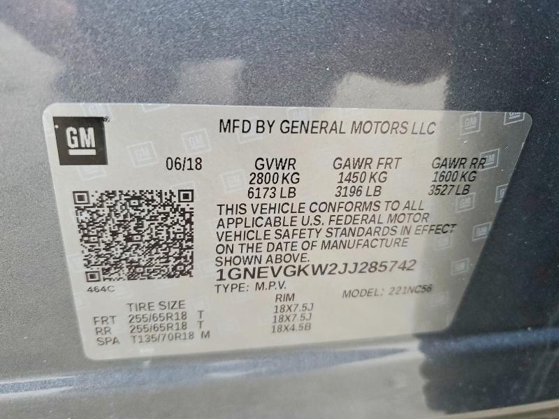 2018 Chevrolet Traverse მანქანა იყიდება აუქციონზე, vin: 1GNEVGKW2JJ285742, აუქციონის ნომერი: 76738795