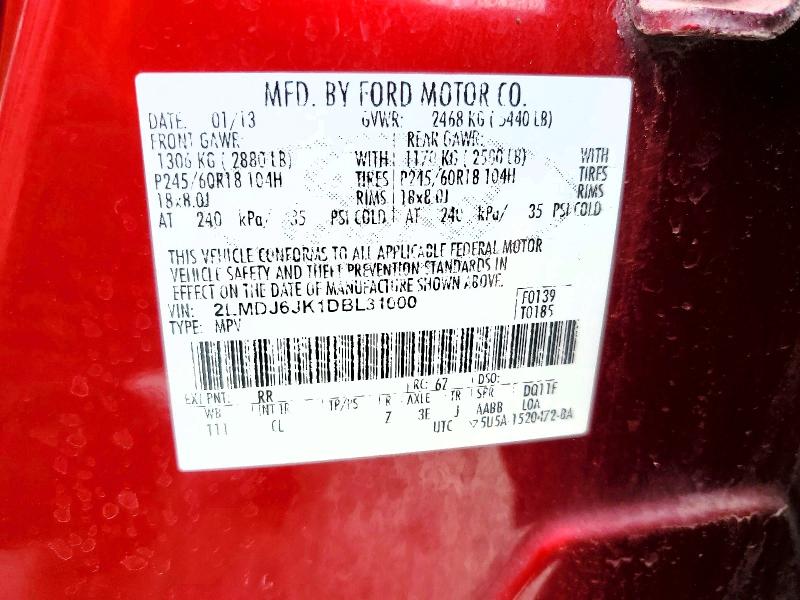 75555505 :رقم المزاد ، 2LMDJ6JK1DBL31000 vin ، 2013 Lincoln Mkx مزاد بيع