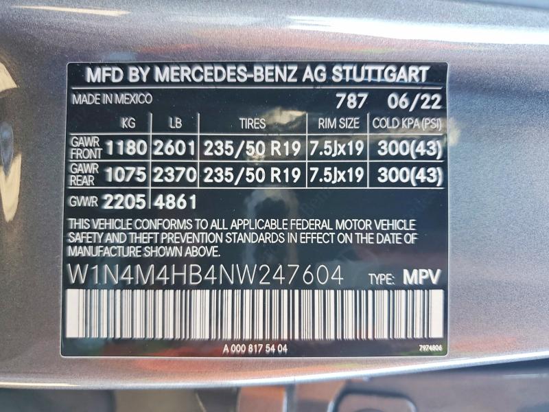 2022 Mercedes-benz Glb მანქანა იყიდება აუქციონზე, vin: W1N4M4HB4NW247604, აუქციონის ნომერი: 76075385