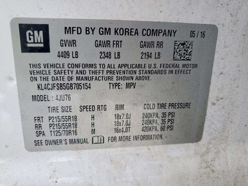 76217705 :رقم المزاد ، KL4CJFSB5GB705154 vin ، 2016 Buick Encore مزاد بيع