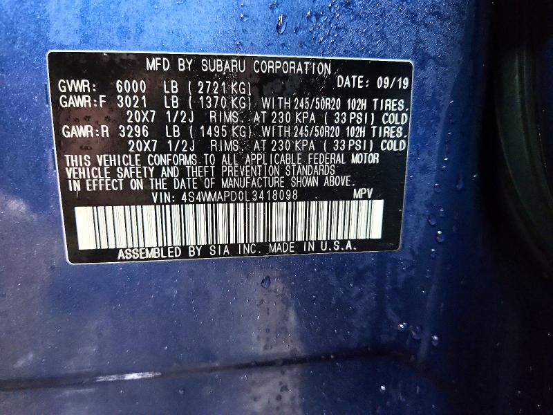 78064785 :رقم المزاد ، 4S4WMAPD0L3418098 vin ، 2020 Subaru Ascent مزاد بيع