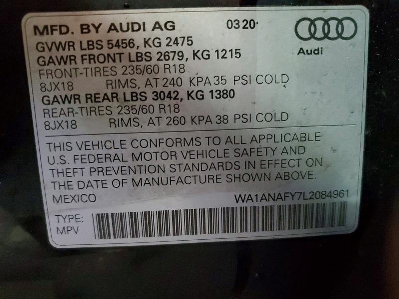 77489365 :رقم المزاد ، WA1ANAFY7L2084961 vin ، 2020 Audi Q5 مزاد بيع