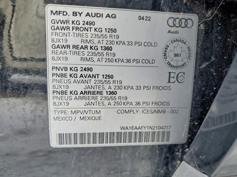 Продажа на аукционе авто 2022 Audi Q5, vin: WA1EAAFY1N2104217, номер лота: 76836875