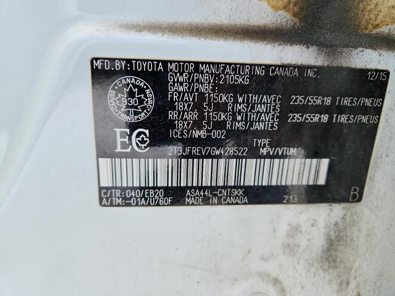 77958455 :رقم المزاد ، 2T3JFREV7GW428522 vin ، 2016 Toyota Rav4 مزاد بيع