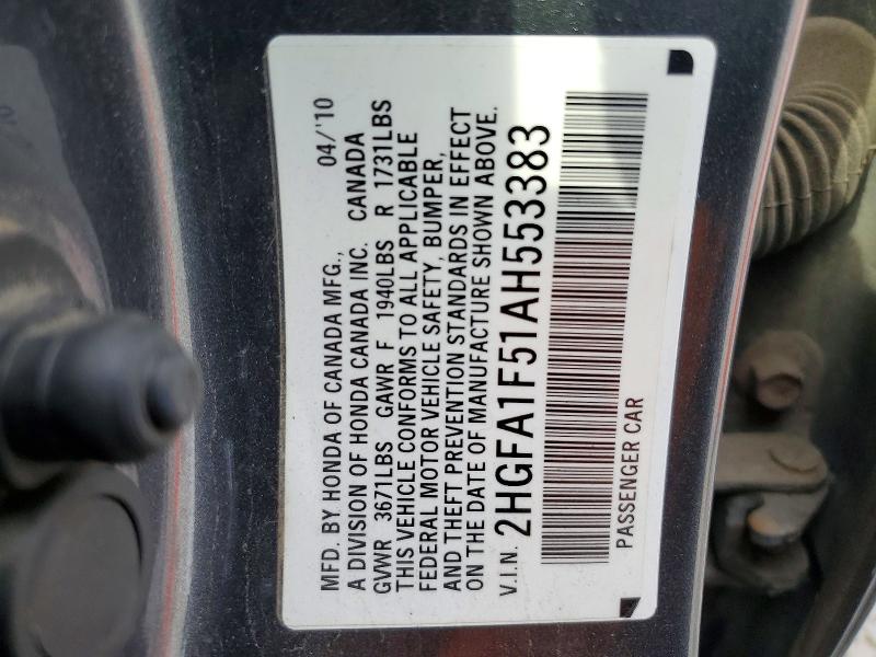 75037065 :رقم المزاد ، 2HGFA1F51AH553383 vin ، 2010 Honda Civic مزاد بيع