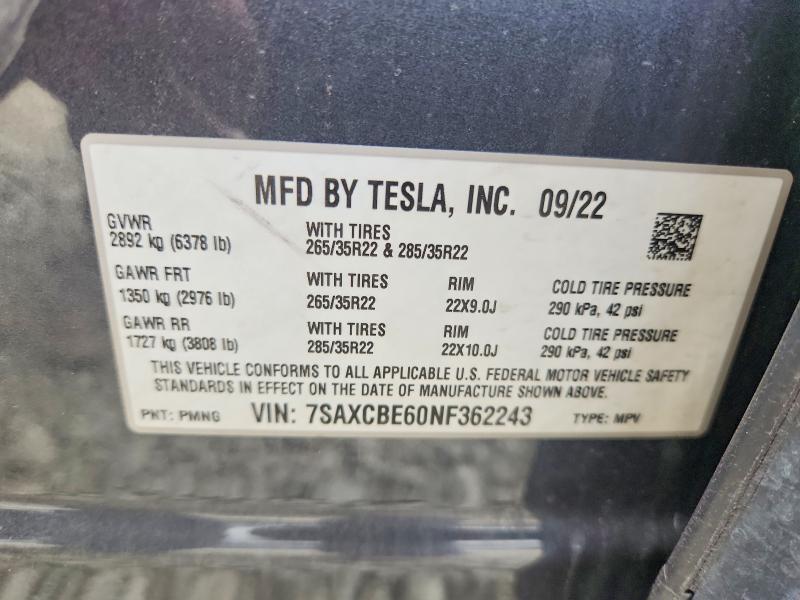 2022 Tesla Model X მანქანა იყიდება აუქციონზე, vin: 7SAXCBE60NF362243, აუქციონის ნომერი: 76134365