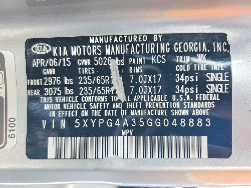 Продажа на аукционе авто 2016 Kia Sorento, vin: 5XYPG4A35GG048883, номер лота: 77343655