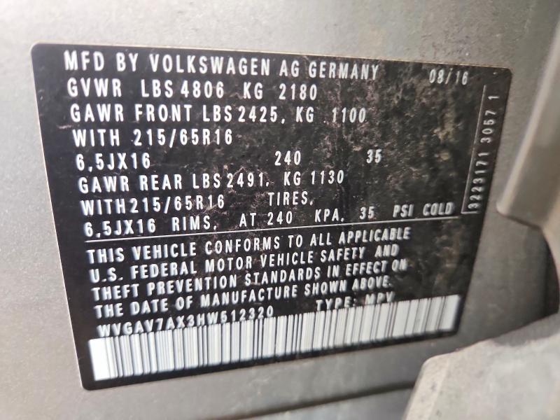 Aukcja sprzedaży 2017 Volkswagen Tiguan, vin: WVGAV7AX3HW512320, numer aukcji: 76861905
