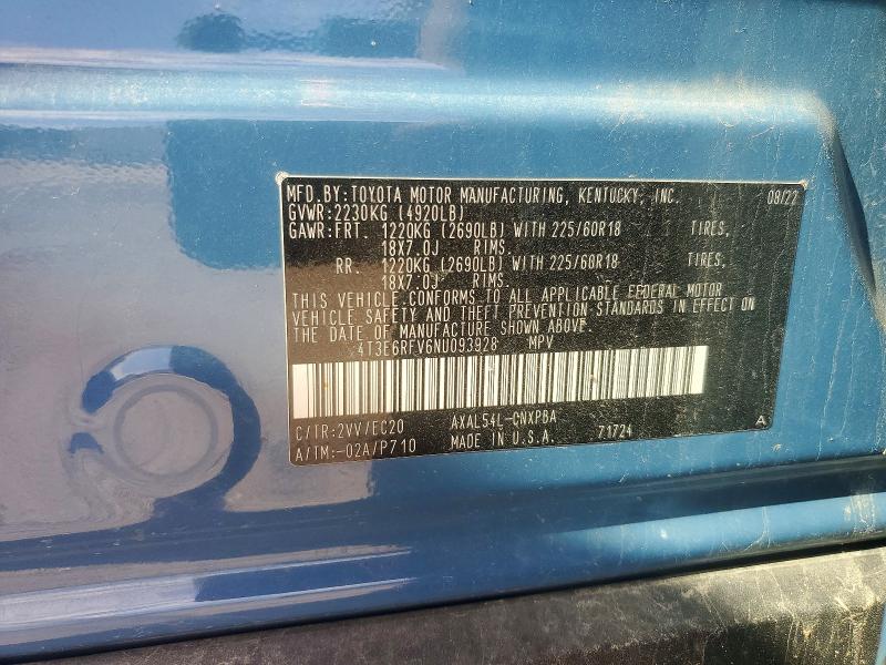 75741895 :رقم المزاد ، 4T3E6RFV6NU093928 vin ، 2022 Toyota Rav4 مزاد بيع