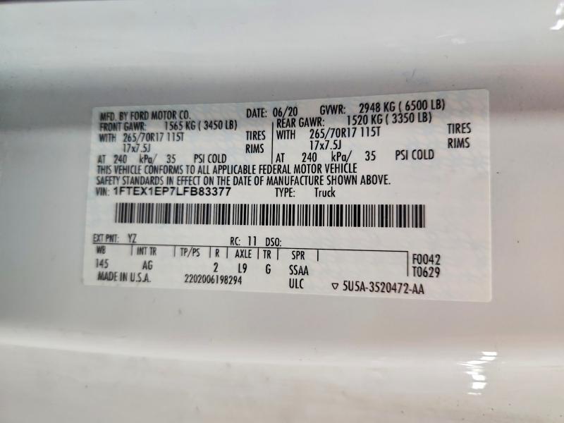 78295995 :رقم المزاد ، 1FTEX1EP7LFB83377 vin ، 2020 Ford F150 مزاد بيع