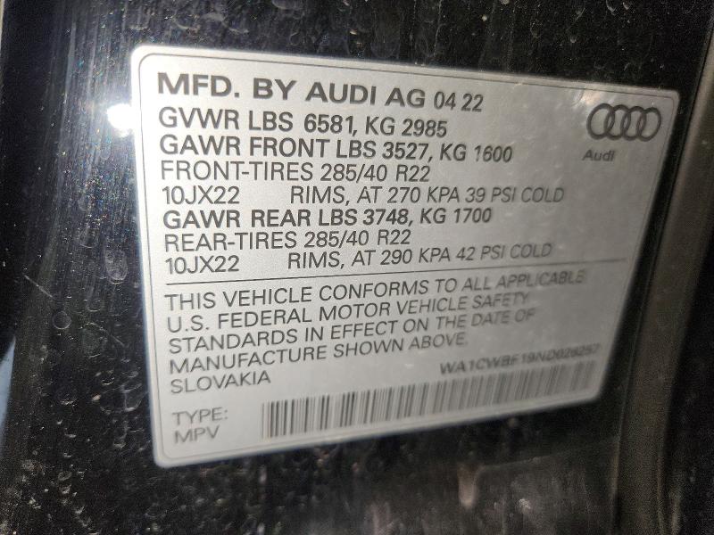 78320945 :رقم المزاد ، WA1CWBF19ND026257 vin ، 2022 Audi Sq8 مزاد بيع