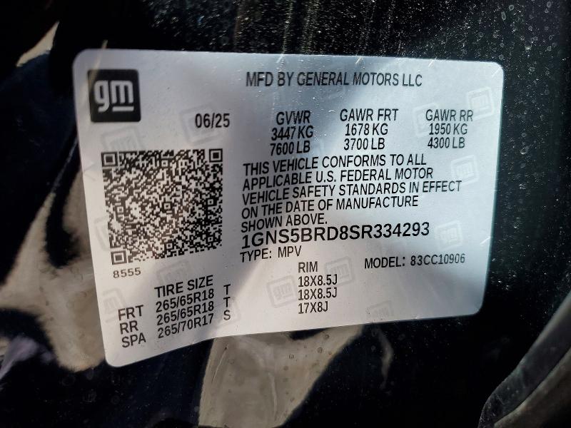 2025 Chevrolet Suburban მანქანა იყიდება აუქციონზე, vin: 1GNS5BRD8SR334293, აუქციონის ნომერი: 78331485