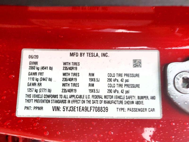 77423845 :رقم المزاد ، 5YJ3E1EA9LF708839 vin ، 2020 Tesla Model 3 مزاد بيع