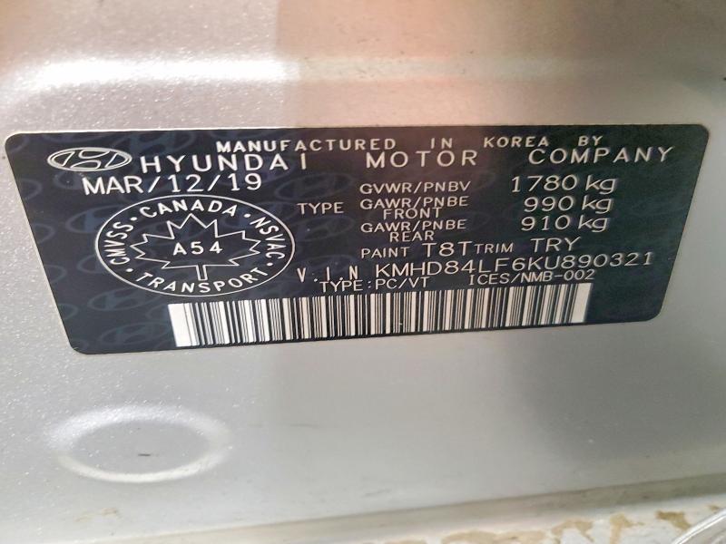 76540235 :رقم المزاد ، KMHD84LF6KU890321 vin ، 2019 Hyundai Elantra Se مزاد بيع