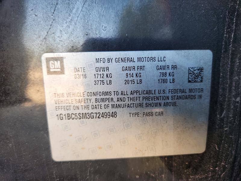 78889845 :رقم المزاد ، 1G1BC5SM3G7249948 vin ، 2016 Chevrolet Cruze مزاد بيع