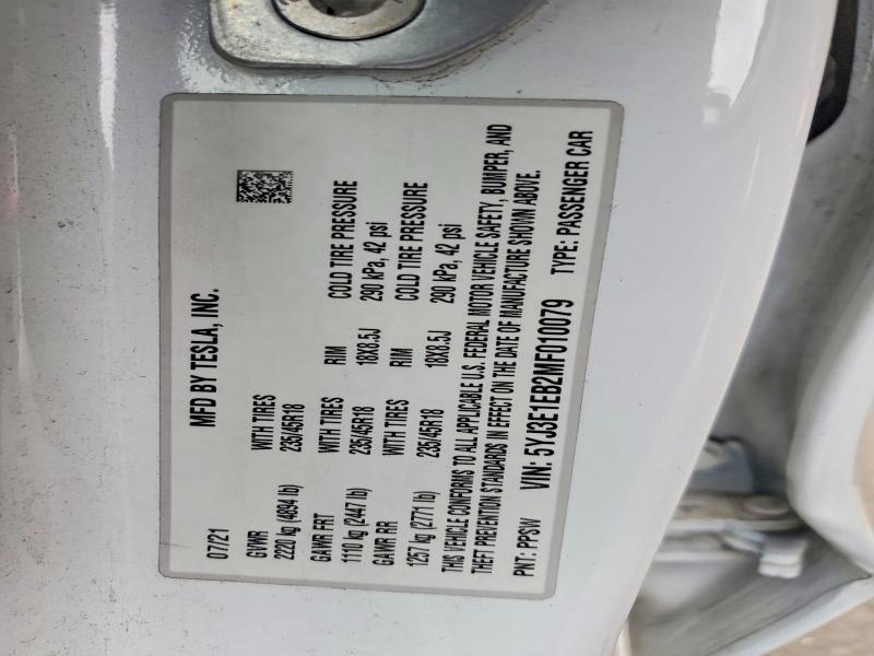 75920925 :رقم المزاد ، 5YJ3E1EB2MF010079 vin ، 2021 Tesla Model 3 مزاد بيع