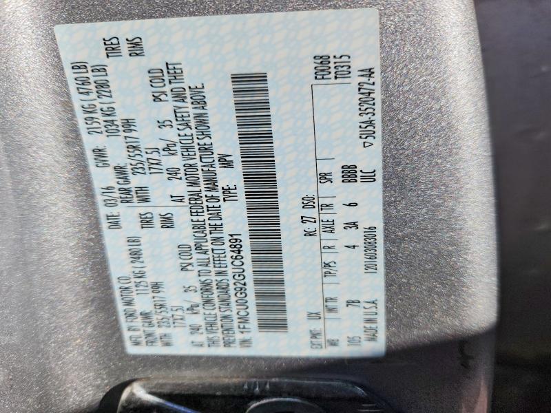 2016 Ford Escape მანქანა იყიდება აუქციონზე, vin: 1FMCU0G92GUC64891, აუქციონის ნომერი: 75953435