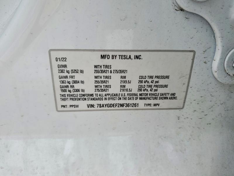 2022 Tesla Model Y მანქანა იყიდება აუქციონზე, vin: 7SAYGDEF2NF361261, აუქციონის ნომერი: 76227955