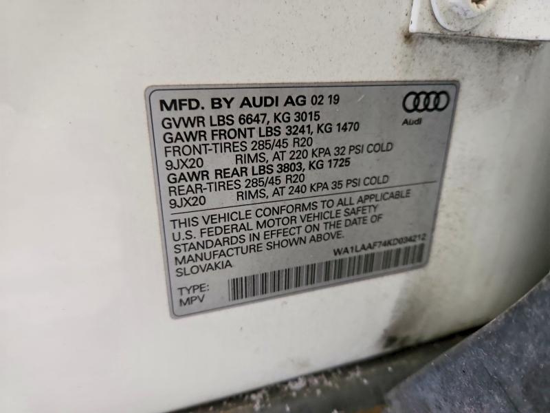 77392955 :رقم المزاد ، WA1LAAF74KD034212 vin ، 2019 Audi Q7 مزاد بيع