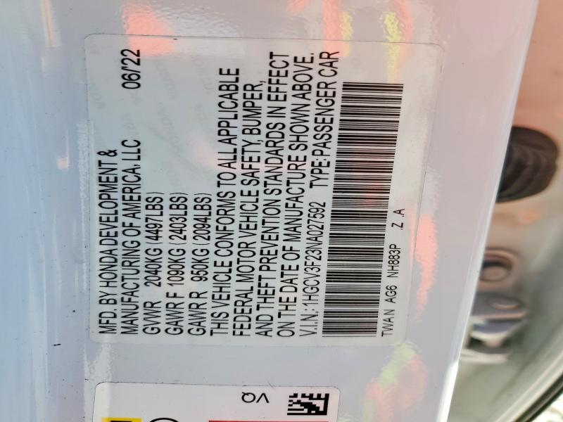 2022 Honda Accord მანქანა იყიდება აუქციონზე, vin: 1HGCV3F23NA027592, აუქციონის ნომერი: 76364105