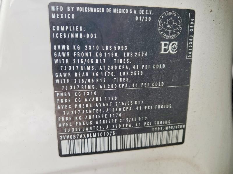 78737955 :رقم المزاد ، 3VV0B7AX6LM101075 vin ، 2020 Volkswagen Tiguan مزاد بيع
