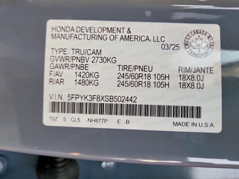 Aukcja sprzedaży 2025 Honda Ridgeline, vin: 5FPYK3F8XSB502442, numer aukcji: 73838485
