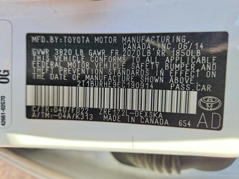 Aukcja sprzedaży 2014 Toyota Corolla, vin: 2T1BURHE9EC190914, numer aukcji: 76904365