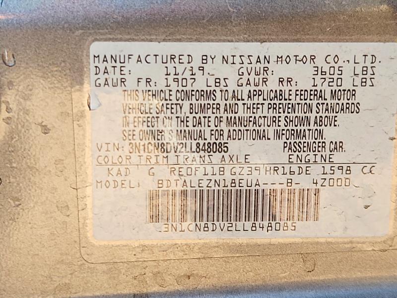 2020 Nissan Versa მანქანა იყიდება აუქციონზე, vin: 3N1CN8DV2LL848085, აუქციონის ნომერი: 77868695