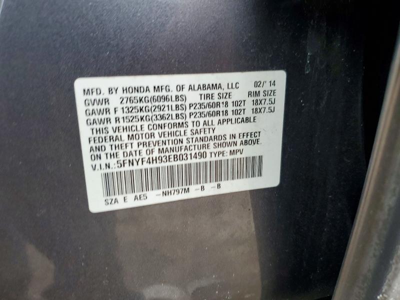 75700315 :رقم المزاد ، 5FNYF4H93EB031490 vin ، 2014 Honda Pilot مزاد بيع