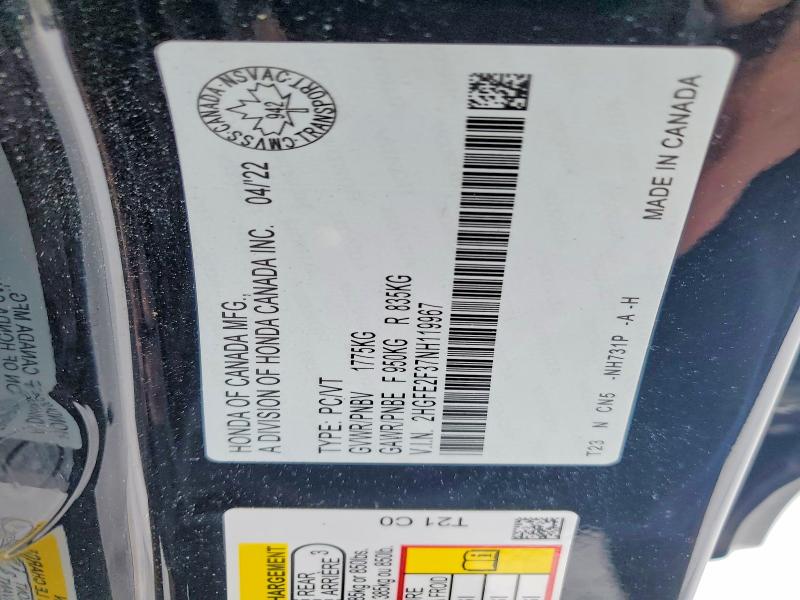 2022 Honda Civic მანქანა იყიდება აუქციონზე, vin: 2HGFE2F37NH119967, აუქციონის ნომერი: 77404455