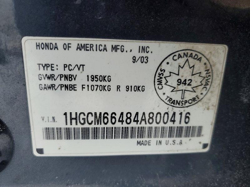 Aukcja sprzedaży 2004 Honda Accord, vin: 1HGCM66484A800416, numer aukcji: 75638345