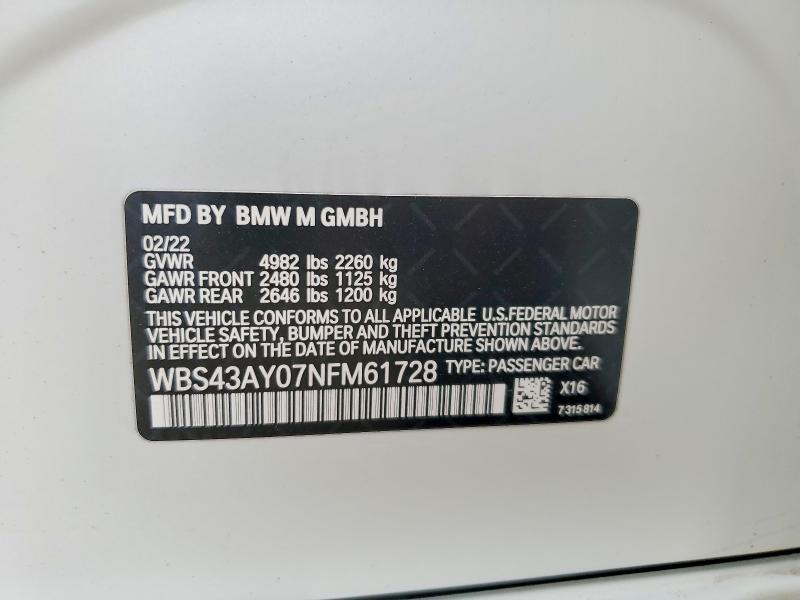 Продажа на аукционе авто 2022 Bmw M3, vin: WBS43AY07NFM61728, номер лота: 76847645