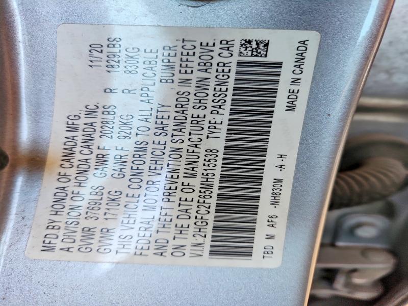 77793185 :رقم المزاد ، 2HGFC2F65MH515538 vin ، 2021 Honda Civic مزاد بيع