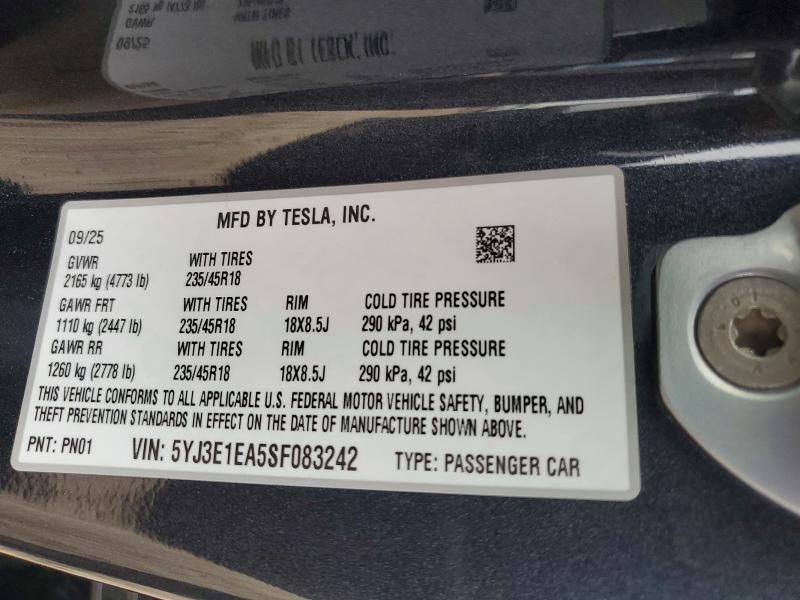Продаж на аукціоні авто 2025 Tesla Model 3, vin: 5YJ3E1EA5SF083242, номер лоту: 78266635