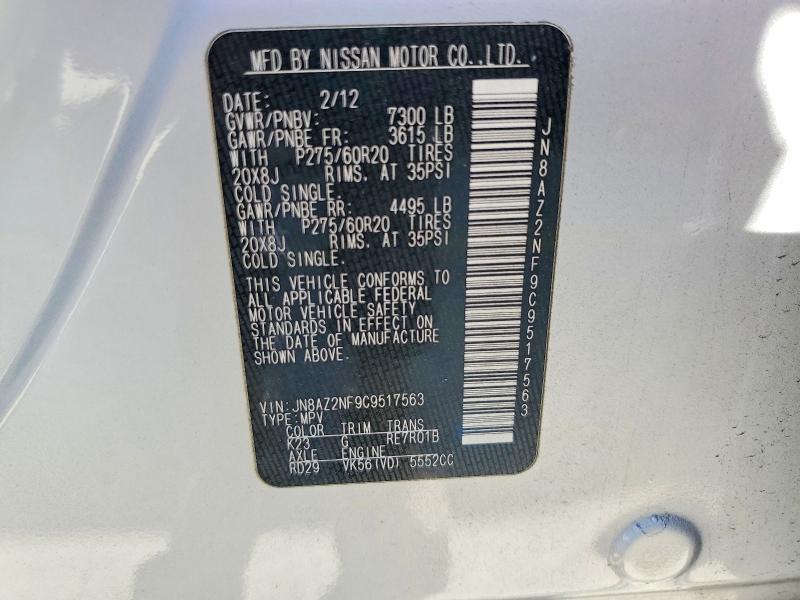 79230315 :رقم المزاد ، JN8AZ2NF9C9517563 vin ، 2012 Infiniti Qx56 مزاد بيع