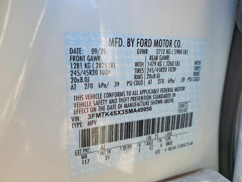2025 Ford Mustang Mach-e მანქანა იყიდება აუქციონზე, vin: 3FMTK4SX3SMA49956, აუქციონის ნომერი: 78643675