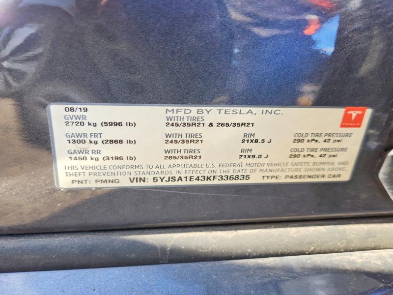 76738035 :رقم المزاد ، 5YJSA1E43KF336835 vin ، 2019 Tesla Model S مزاد بيع